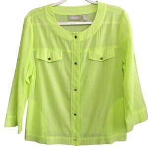 Chicos Neon Yellow Metallic Thread Button Up Top Size L 2 Sheer 3/4 Sleeve